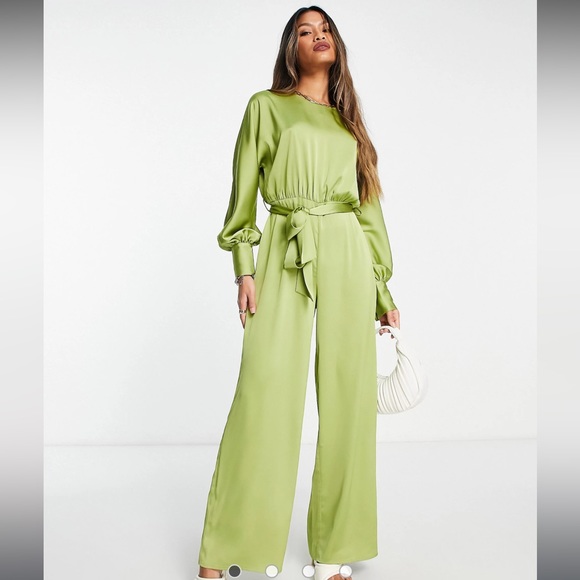 Lola May - Tie Waist Wide Leg Satin Jumpsuit in chartreuse green NWT - Picture 6 of 7